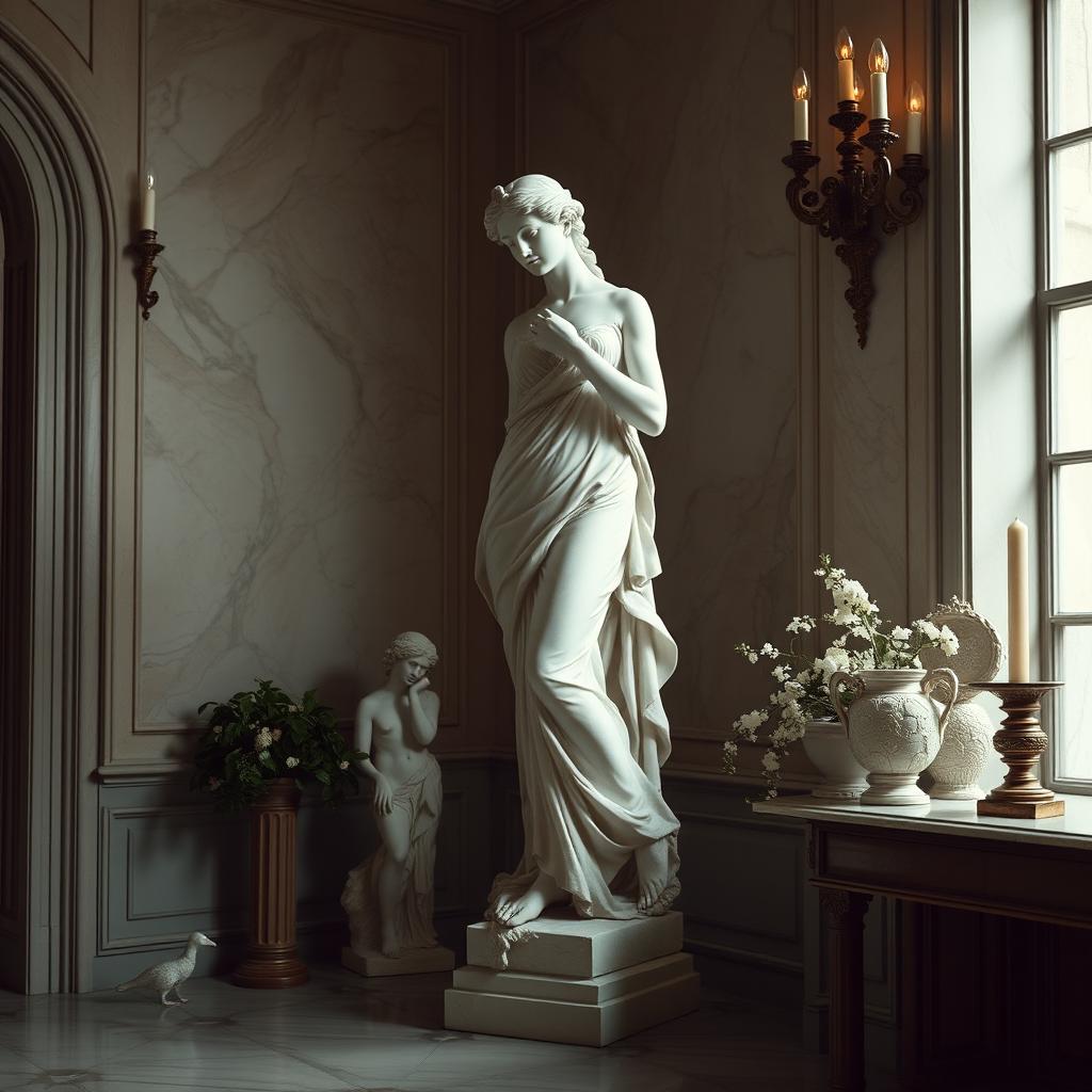 An elegant setting featuring a tasteful composition of a classical sculpture of a woman, similar to ancient Greek statuary, highlighting the beauty and grace of the human form in marble