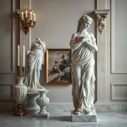 An elegant setting featuring a tasteful composition of a classical sculpture of a woman, similar to ancient Greek statuary, highlighting the beauty and grace of the human form in marble