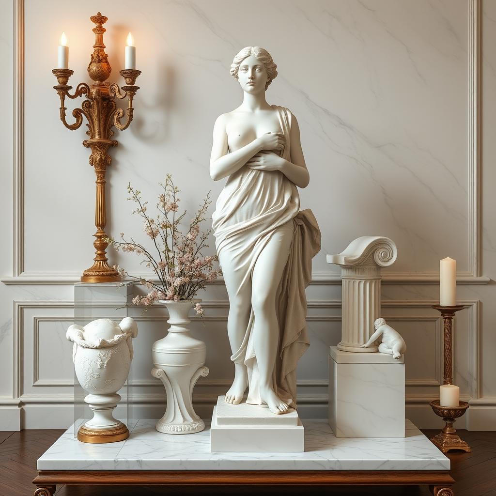 An elegant setting featuring a tasteful composition of a classical sculpture of a woman, similar to ancient Greek statuary, highlighting the beauty and grace of the human form in marble