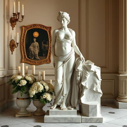 An elegant setting featuring a tasteful composition of a classical sculpture of a woman, similar to ancient Greek statuary, highlighting the beauty and grace of the human form in marble