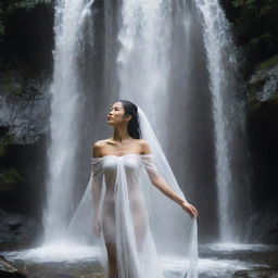 A graceful Asian woman standing beneath a cascading waterfall, the breathtaking play of water creating a white veil around her. Her figure is drenched, her clothes clinging to her, making for a striking image.