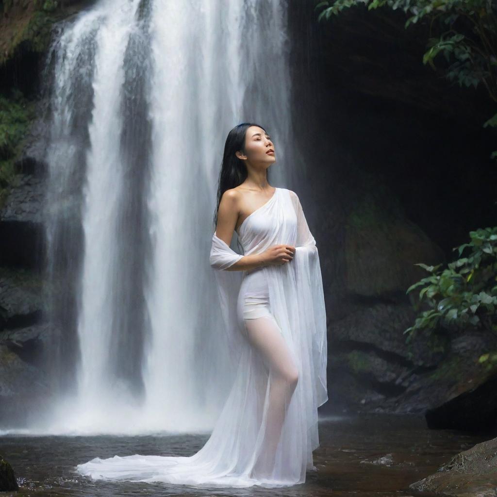 A graceful Asian woman standing beneath a cascading waterfall, the breathtaking play of water creating a white veil around her. Her figure is drenched, her clothes clinging to her, making for a striking image.