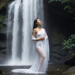 A graceful Asian woman standing beneath a cascading waterfall, the breathtaking play of water creating a white veil around her. Her figure is drenched, her clothes clinging to her, making for a striking image.