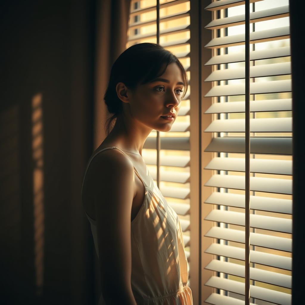 A young woman stands in front of a window, looking at it