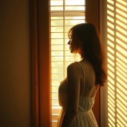 A young woman stands in front of a window, looking at it