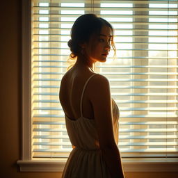 A young woman stands in front of a window, looking at it