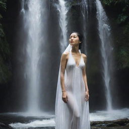 A graceful Asian woman standing beneath a cascading waterfall, the breathtaking play of water creating a white veil around her. Her figure is drenched, her clothes clinging to her, making for a striking image.