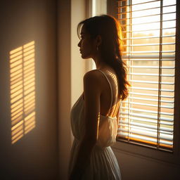 A young woman stands in front of a window, looking at it