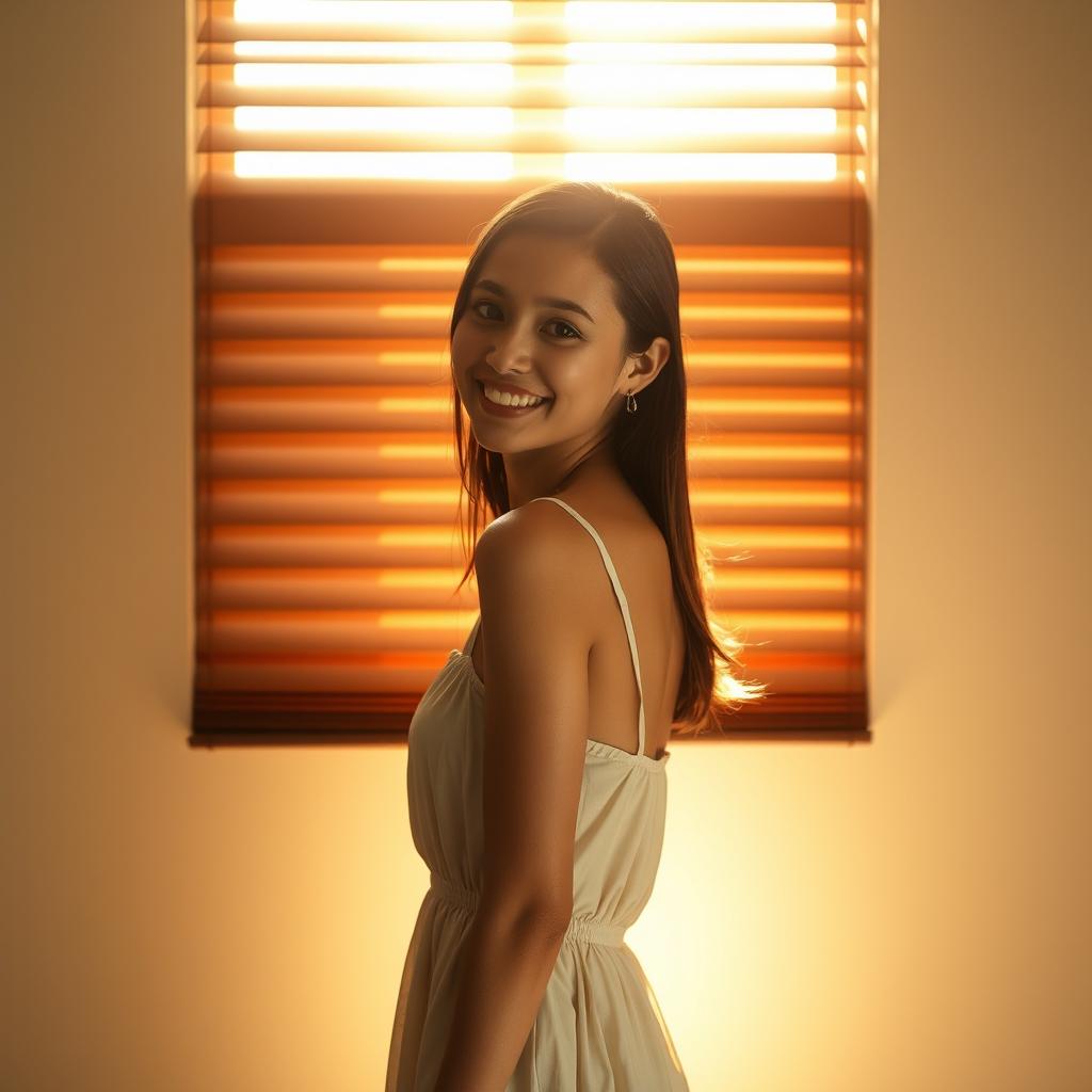 A young woman stands in front of a window, smiling as she looks out