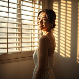 A young woman stands in front of a window, smiling as she looks out