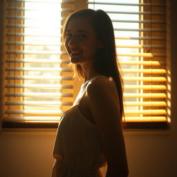 A young woman stands in front of a window, smiling as she looks out