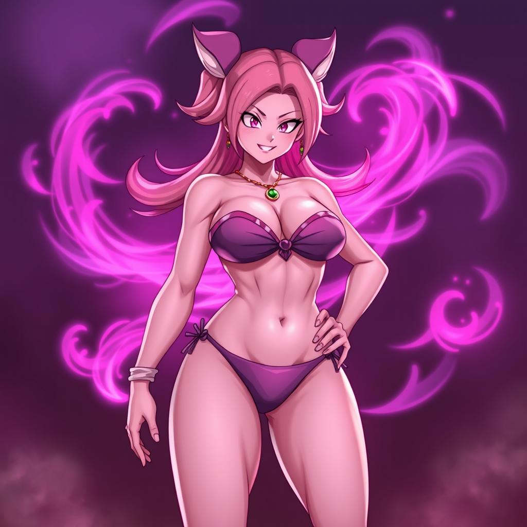 A female character inspired by Majin Buu wearing a bikini, with the signature pink skin and playful expression