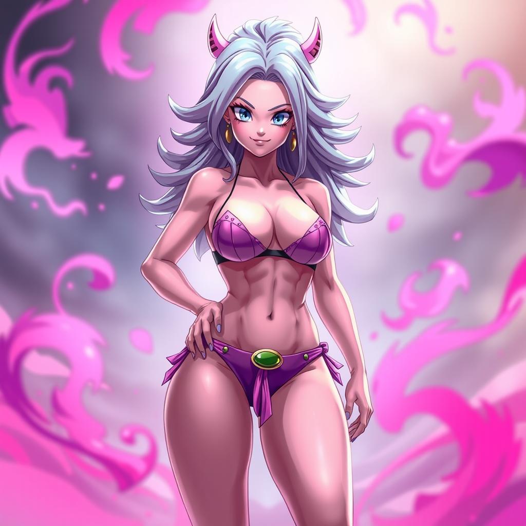 A female character inspired by Majin Buu wearing a bikini, with the signature pink skin and playful expression