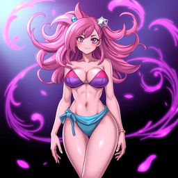 A female character inspired by Majin Buu wearing a bikini, with the signature pink skin and playful expression