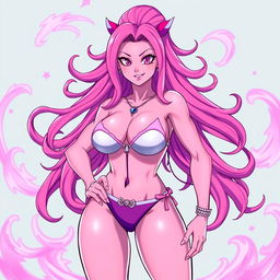 A female character inspired by Majin Buu wearing a bikini, with the signature pink skin and playful expression