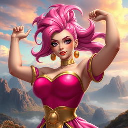 Chica inspirada en Majin Boo levantando los brazos, destacando su belleza voluptuosa