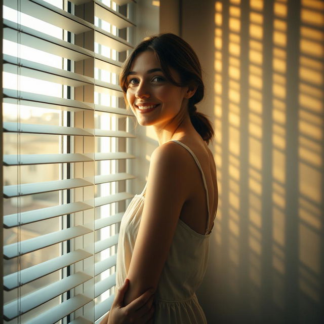 A young European woman stands parallel to a window, smiling as she looks out