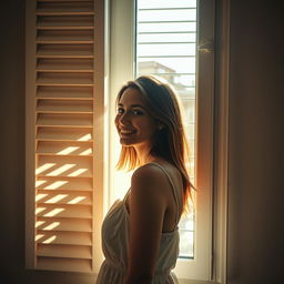 A young European woman stands parallel to a window, smiling as she looks out