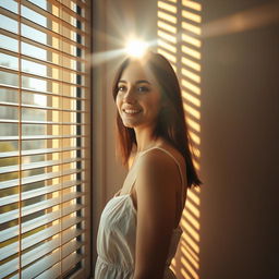 A young European woman stands parallel to a window, smiling as she looks out