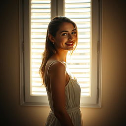 A young European woman stands parallel to a window, smiling as she looks out