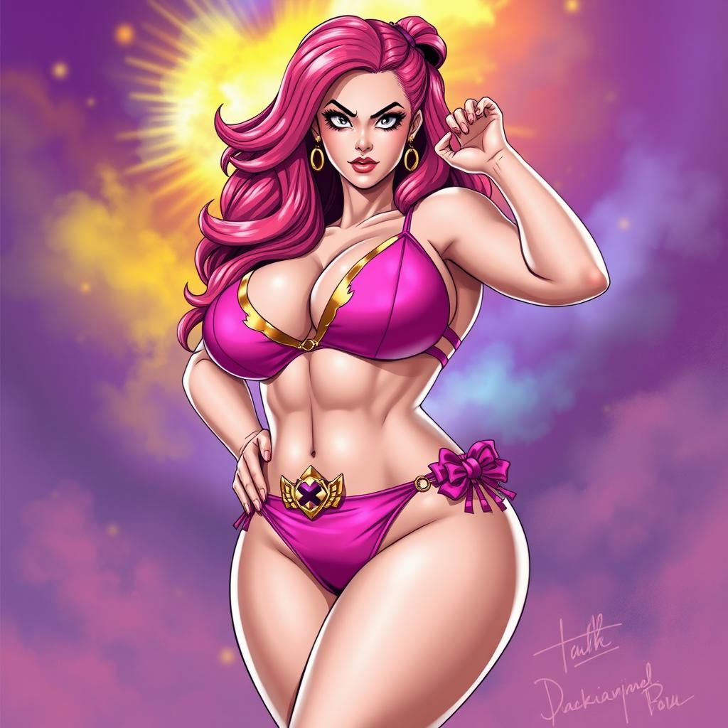 A voluptuous woman inspired by Majin Buu from Dragon Ball, wearing a unique, custom-designed bikini that reflects Majin Buu’s pink color and playful personality