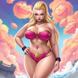 A voluptuous woman inspired by Majin Buu from Dragon Ball, wearing a unique, custom-designed bikini that reflects Majin Buu’s pink color and playful personality