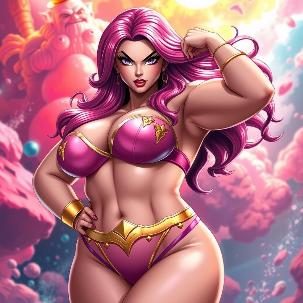 A voluptuous woman inspired by Majin Buu from Dragon Ball, wearing a unique, custom-designed bikini that reflects Majin Buu’s pink color and playful personality