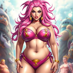 A voluptuous woman inspired by Majin Buu from Dragon Ball, wearing a unique, custom-designed bikini that reflects Majin Buu’s pink color and playful personality