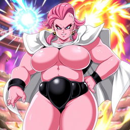 A female version of Majin Buu from Dragon Ball, with a curvaceous and voluptuous figure, having distinct pink skin like Majin Buu