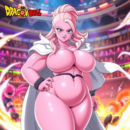 A female version of Majin Buu from Dragon Ball, with a curvaceous and voluptuous figure, having distinct pink skin like Majin Buu