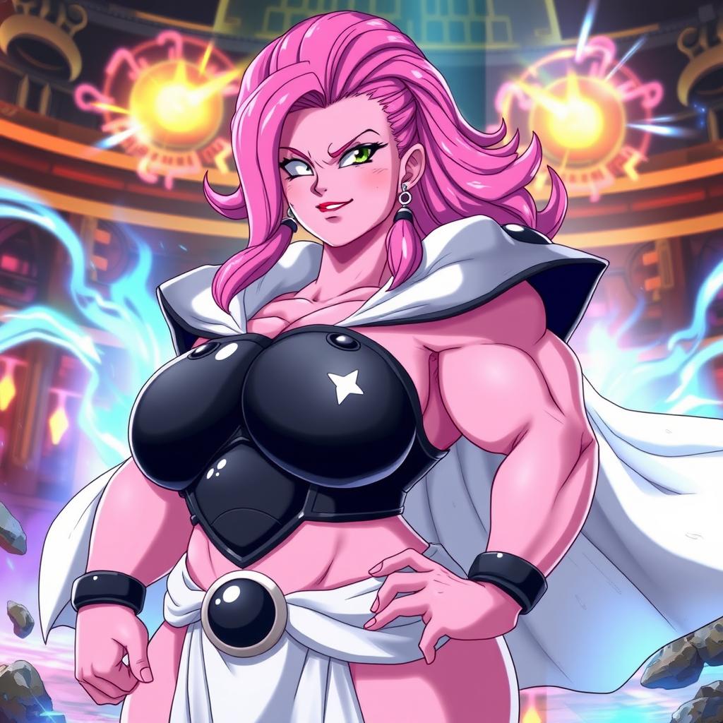 A female version of Majin Buu from Dragon Ball, with a curvaceous and voluptuous figure, having distinct pink skin like Majin Buu