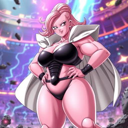 A female version of Majin Buu from Dragon Ball, with a curvaceous and voluptuous figure, having distinct pink skin like Majin Buu