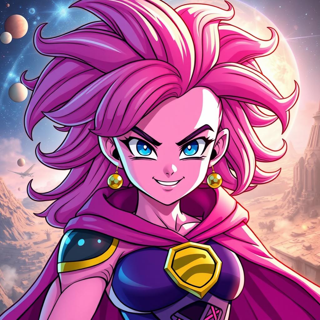 A creative fusion character inspired by both Majin Buu from Dragon Ball and a stylish young superheroine