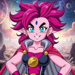 A creative fusion character inspired by both Majin Buu from Dragon Ball and a stylish young superheroine