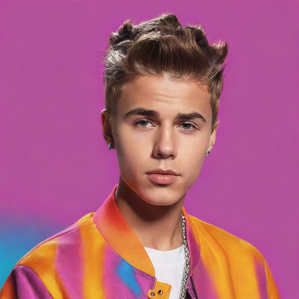 A digital portrait of Justin Bieber, capturing his iconic hairstyle and style of dress, with a vibrant pop color background.