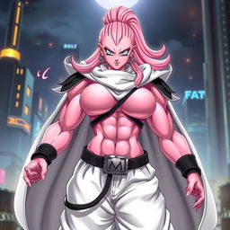 Majin Buu character as a female in a realistic style, featuring pink skin and Majin attire