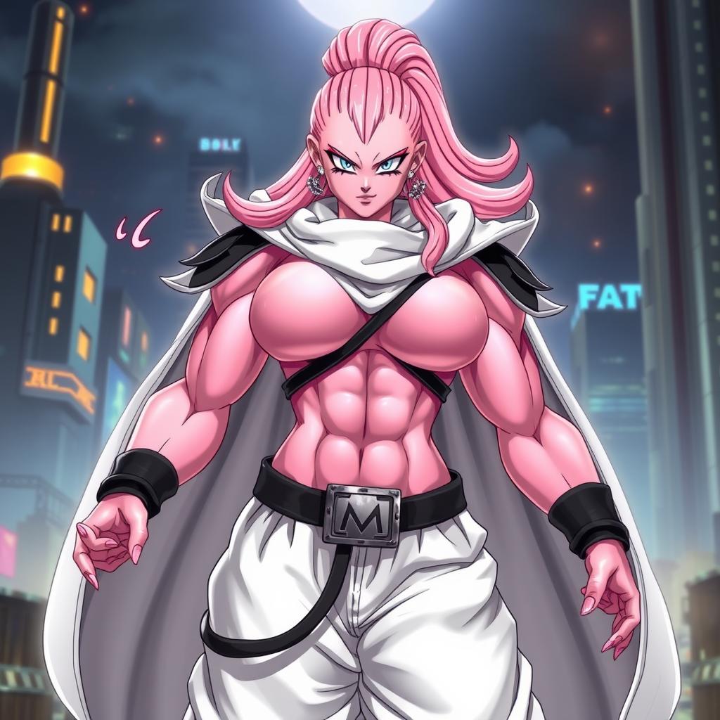 Majin Buu character as a female in a realistic style, featuring pink skin and Majin attire