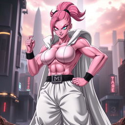 Majin Buu character as a female in a realistic style, featuring pink skin and Majin attire