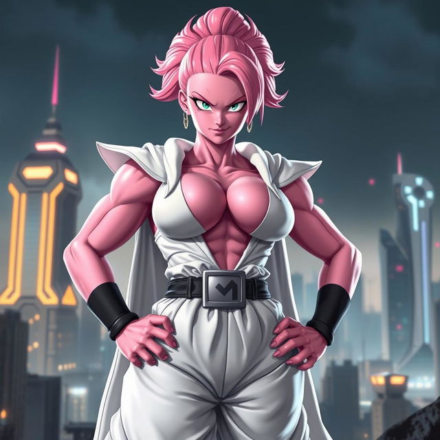 Majin Buu character as a female in a realistic style, featuring pink skin and Majin attire