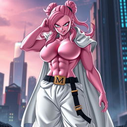 Majin Buu character as a female in a realistic style, featuring pink skin and Majin attire