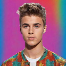 A digital portrait of Justin Bieber, capturing his iconic hairstyle and style of dress, with a vibrant pop color background.