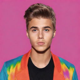 A digital portrait of Justin Bieber, capturing his iconic hairstyle and style of dress, with a vibrant pop color background.