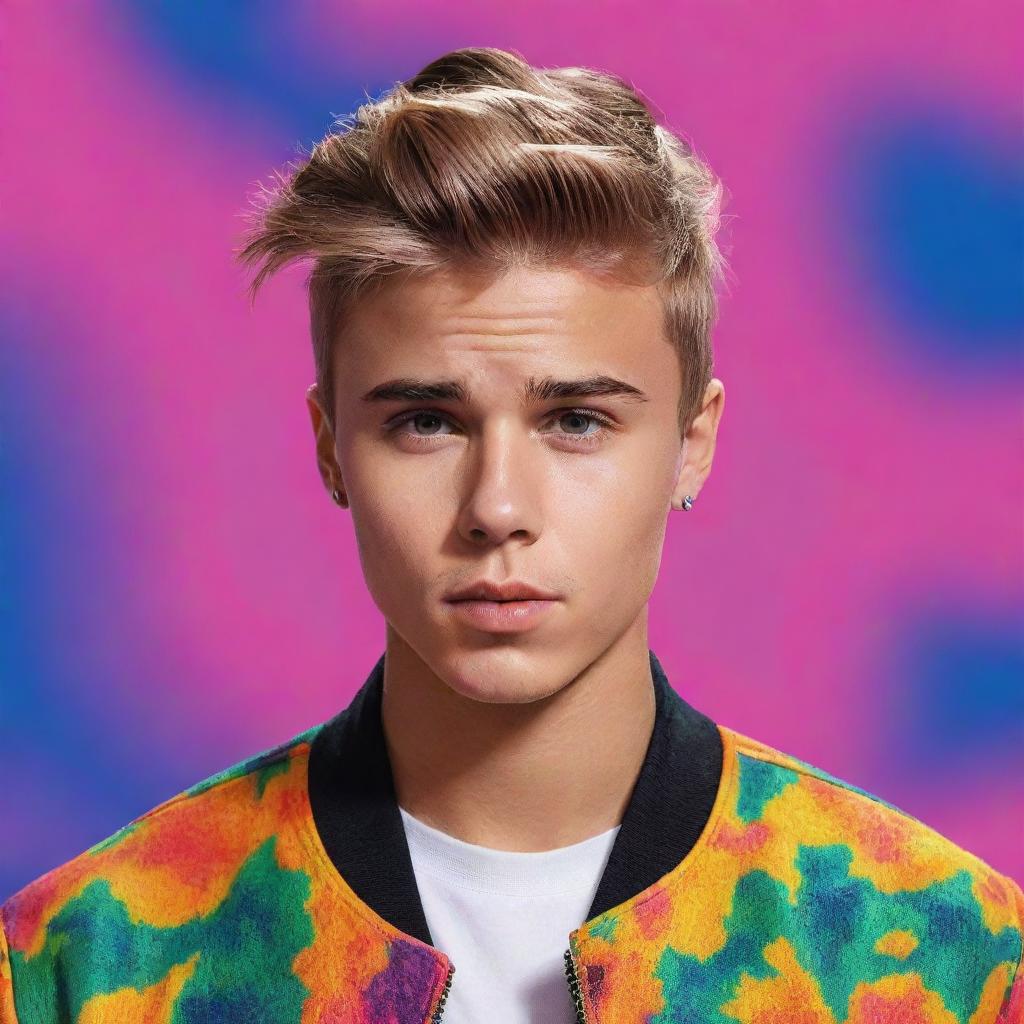 A digital portrait of Justin Bieber, capturing his iconic hairstyle and style of dress, with a vibrant pop color background.