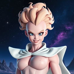 A hyper-realistic human version of Majin Buu from Dragon Ball, depicted as a female with captivating eyes and features