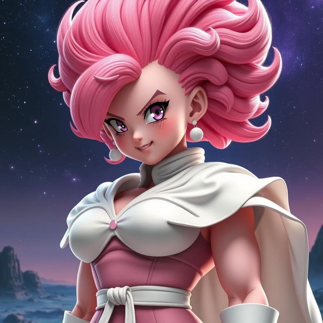 A hyper-realistic human version of Majin Buu from Dragon Ball, depicted as a female with captivating eyes and features