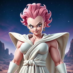 A hyper-realistic human version of Majin Buu from Dragon Ball, depicted as a female with captivating eyes and features