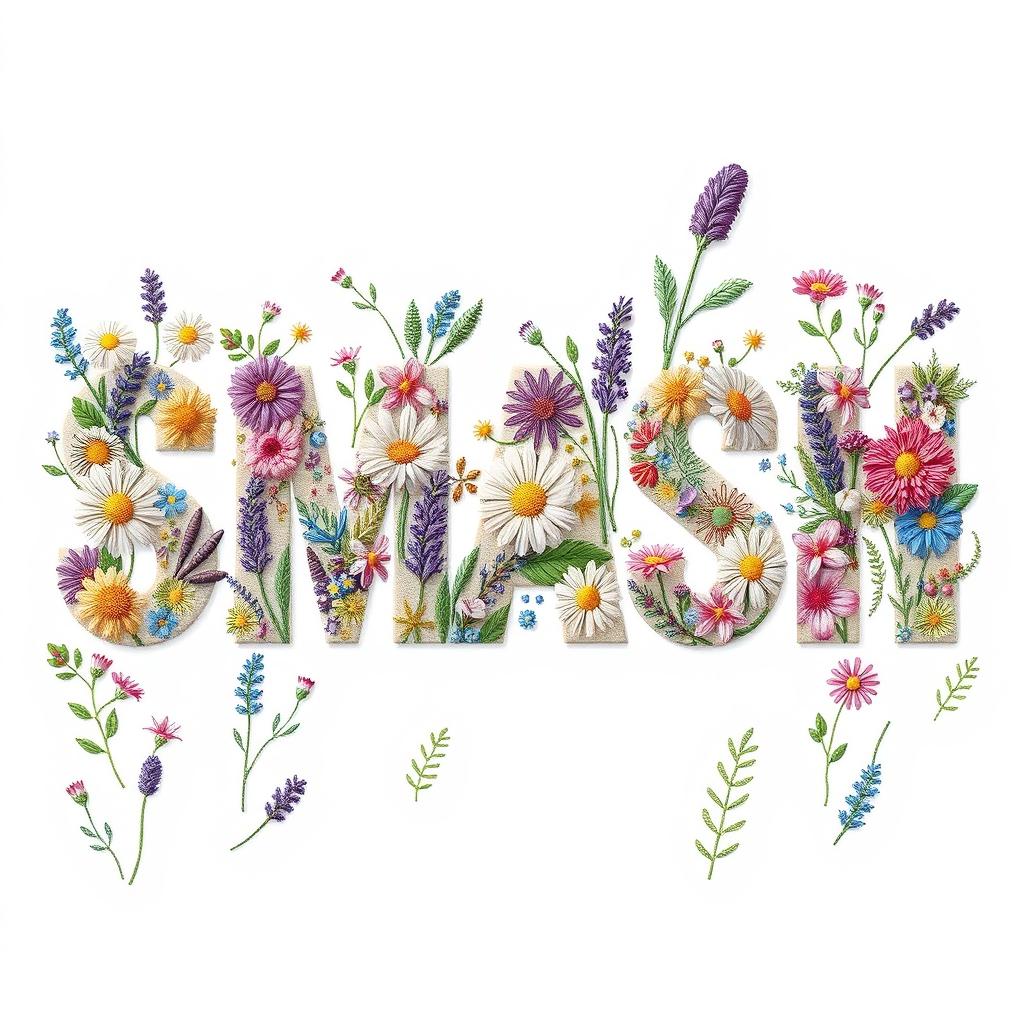 The word 'SMASH' filled with an intricate embroidery pattern of wildflowers, featuring daisies, lavender sprigs, leaves, and ferns