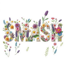 The word 'SMASH' filled with an intricate embroidery pattern of wildflowers, featuring daisies, lavender sprigs, leaves, and ferns