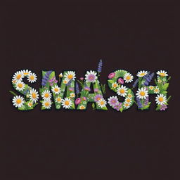 The word 'SMASH' filled with an intricate embroidery pattern of wildflowers, featuring daisies, lavender sprigs, leaves, and ferns