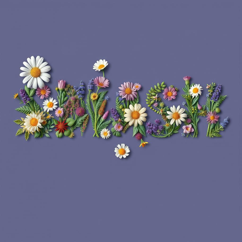 The word 'SMASH' filled with an intricate embroidery pattern of wildflowers, featuring daisies, lavender sprigs, leaves, and ferns